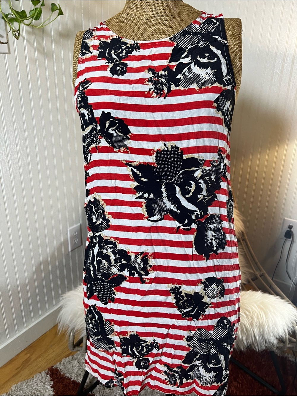 Women’s Red & White Striped Floral Tank Dress